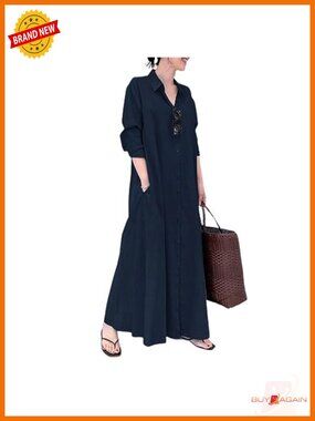Women's Loose Fit Long Sleeve Button Up Maxi Shirt Dress with Pockets